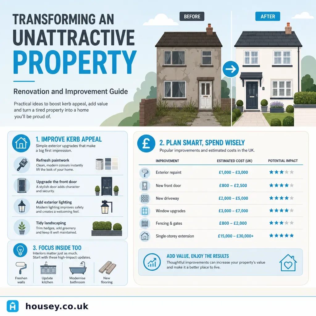 Infographic illustrating: Transforming an Unattractive Property: Renovation and Improvement Guide