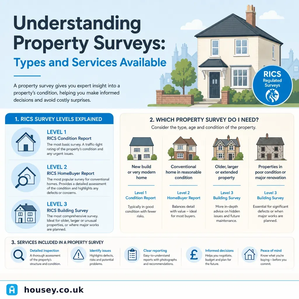 Infographic illustrating: Understanding Property Surveys: Types and Services Available