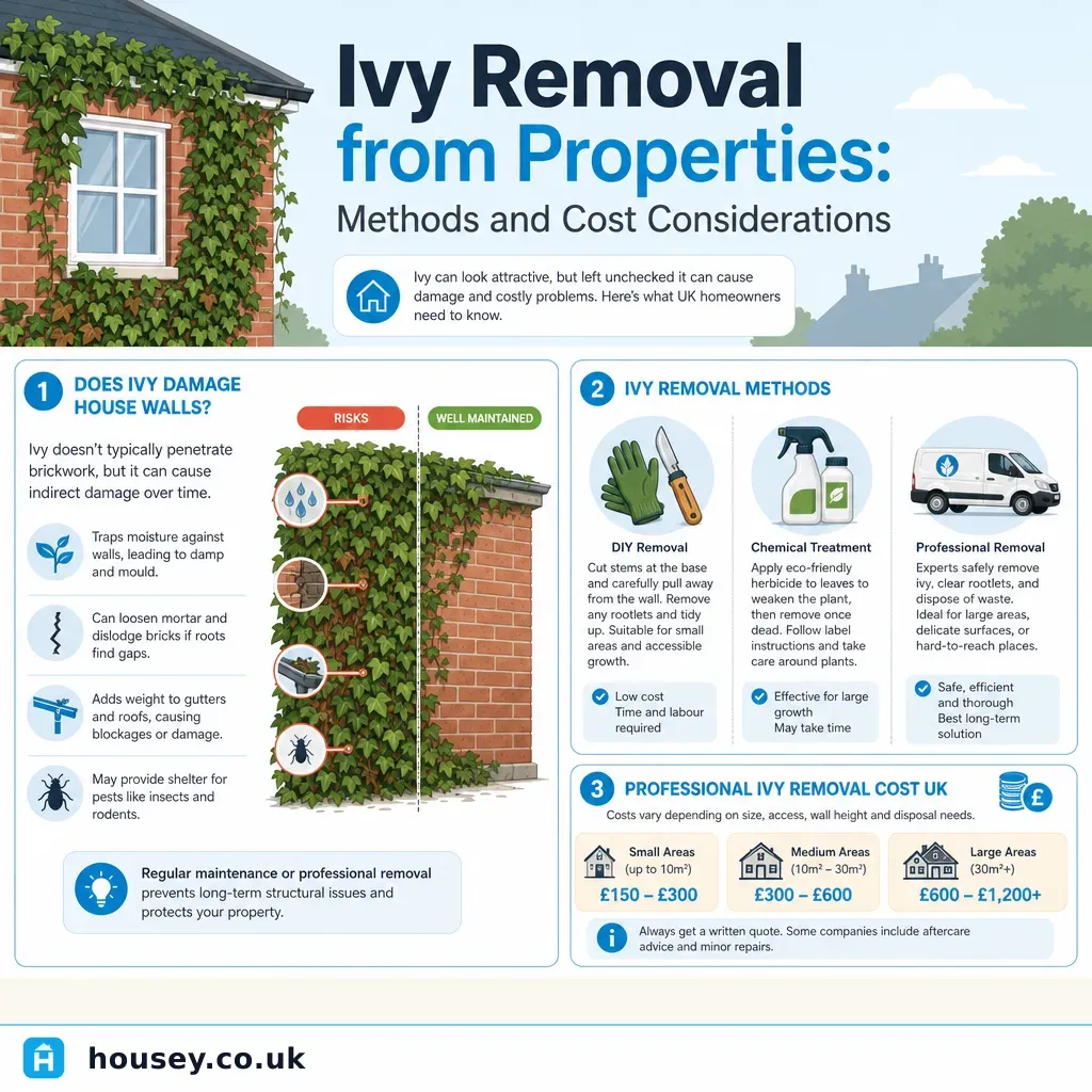 Infographic illustrating: Ivy Removal from Properties: Methods and Cost Considerations