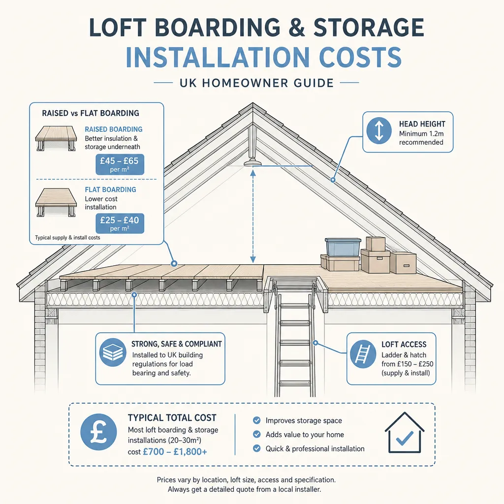 Diagram illustrating: Loft Boarding and Storage Installation Costs