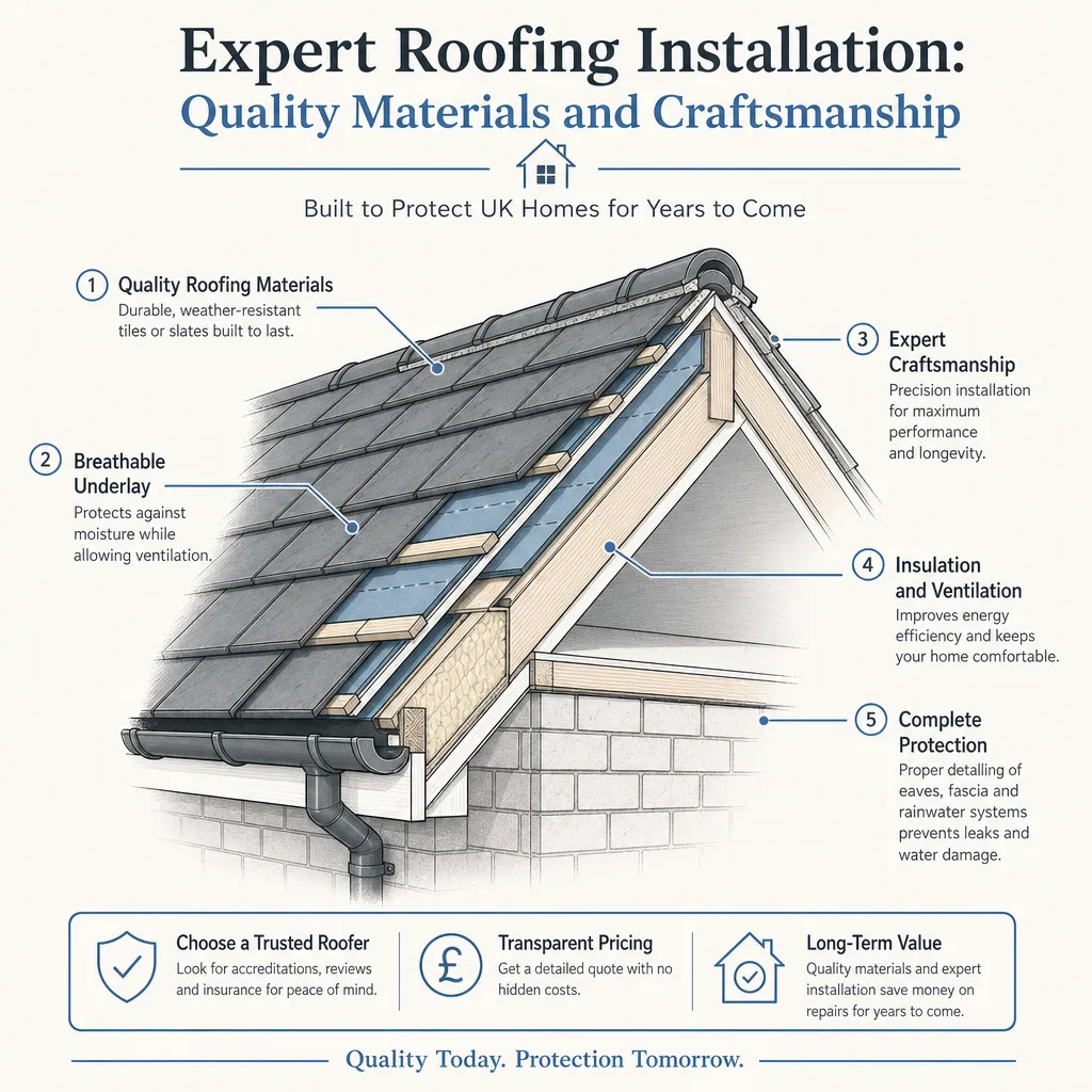 Diagram illustrating: Expert Roofing Installation: Quality Materials and Craftsmanship