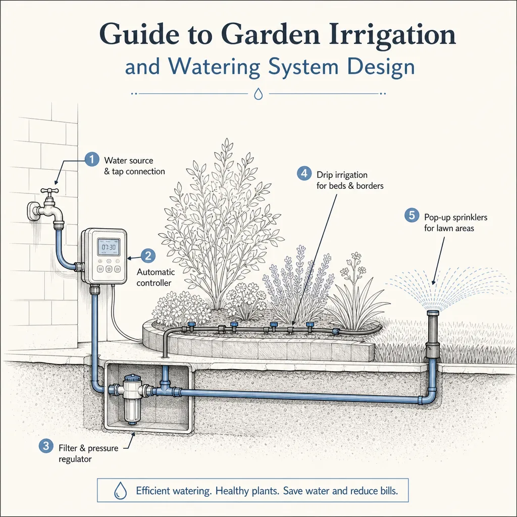 Diagram illustrating: Guide to Garden Irrigation and Watering System Design