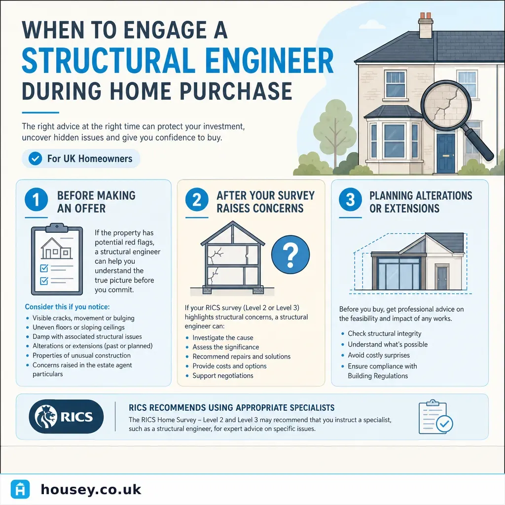 Infographic illustrating: When to Engage a Structural Engineer During Home Purchase
