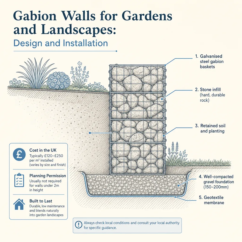 Diagram illustrating: Gabion Walls for Gardens and Landscapes: Design and Installation