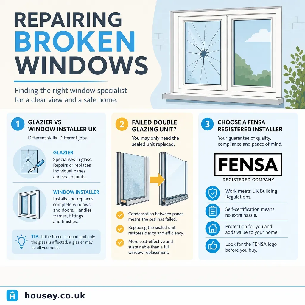 Infographic illustrating: Repairing Broken Windows: Finding a Window Specialist