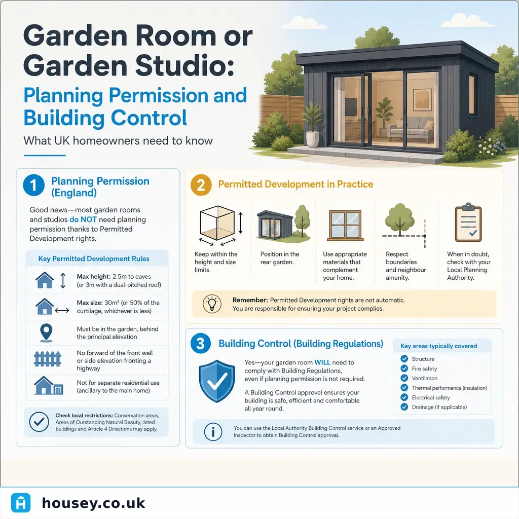 Infographic illustrating: Garden Room or Garden Studio: Planning Permission and Building Control