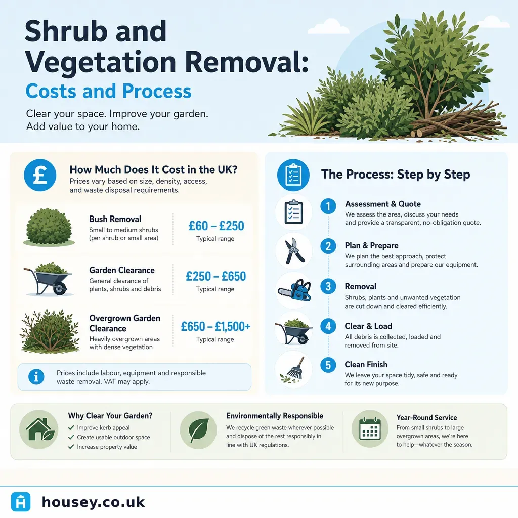 Infographic illustrating: Shrub and Vegetation Removal: Costs and Process