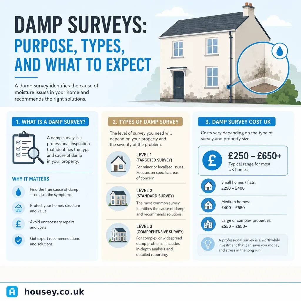 Infographic illustrating: Damp Surveys: Purpose, Types, and What to Expect