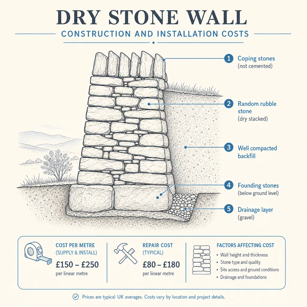 Diagram illustrating: Dry Stone Wall Construction and Installation Costs