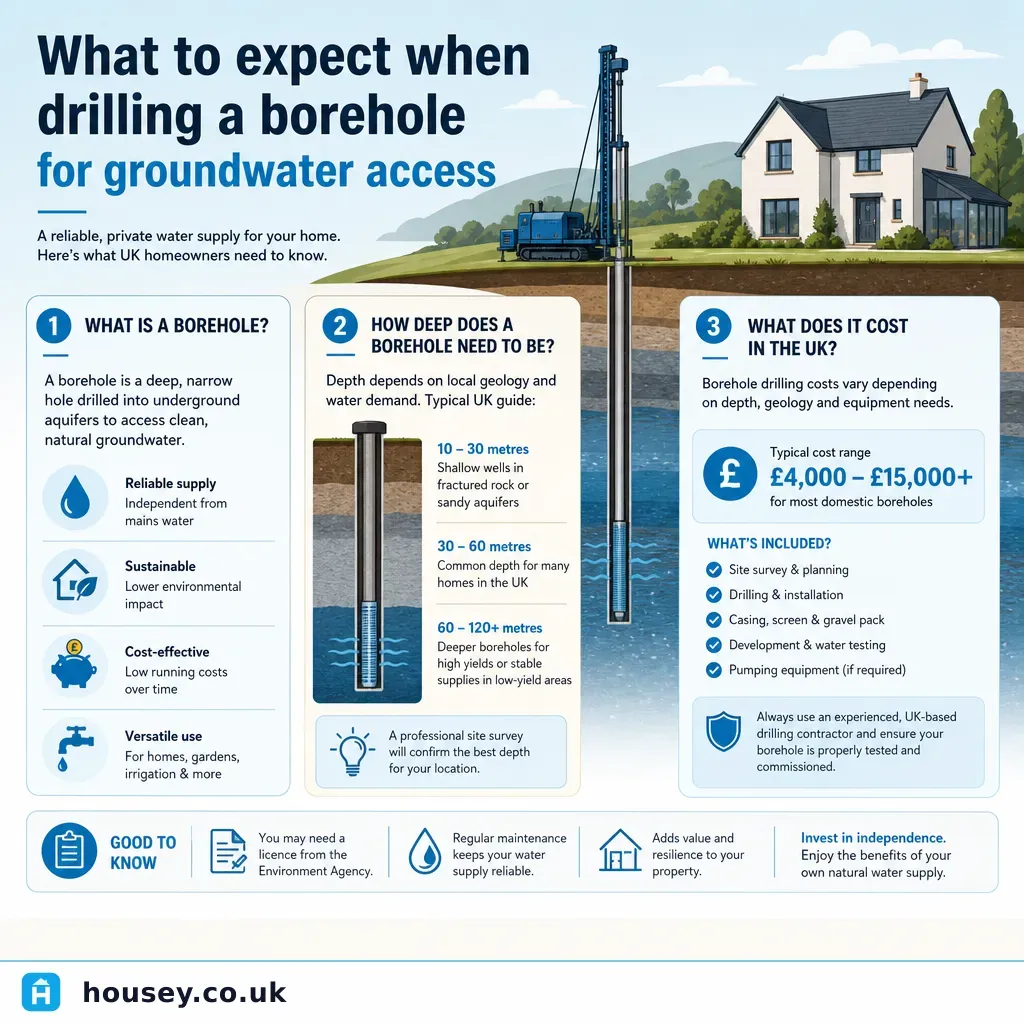 Infographic illustrating: What to expect when drilling a borehole for groundwater access