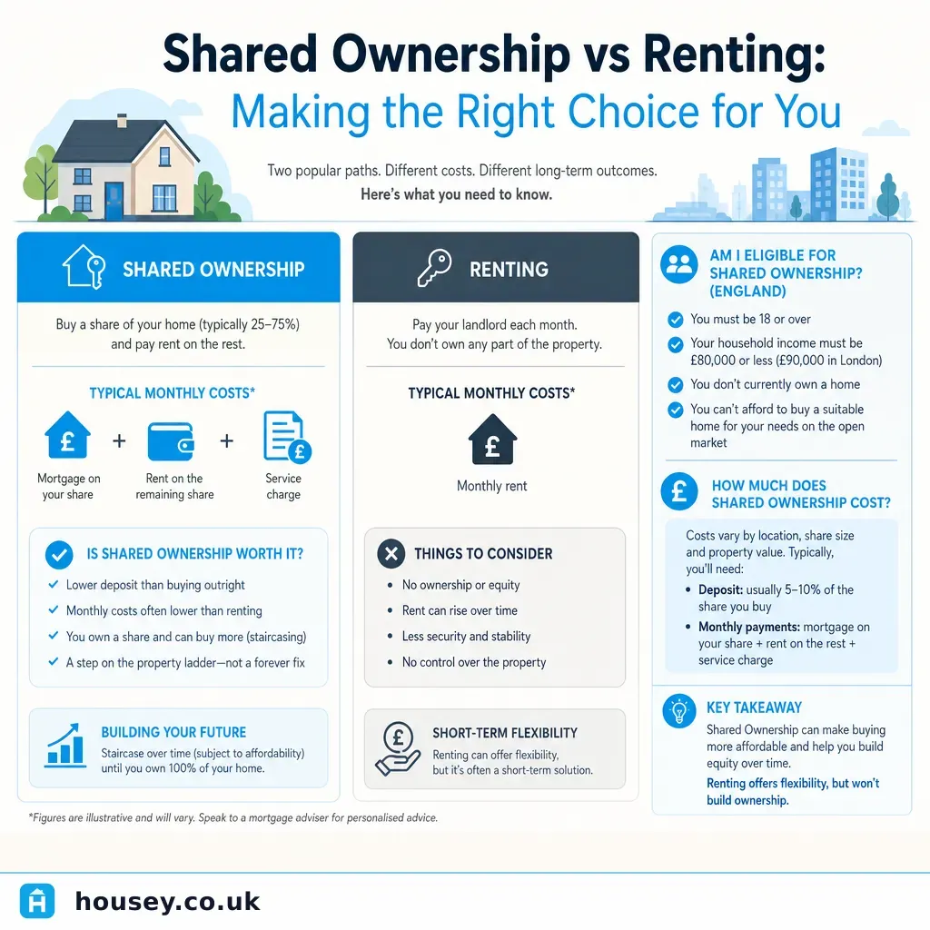 Infographic illustrating: Shared Ownership vs Renting: Making the Right Choice for You