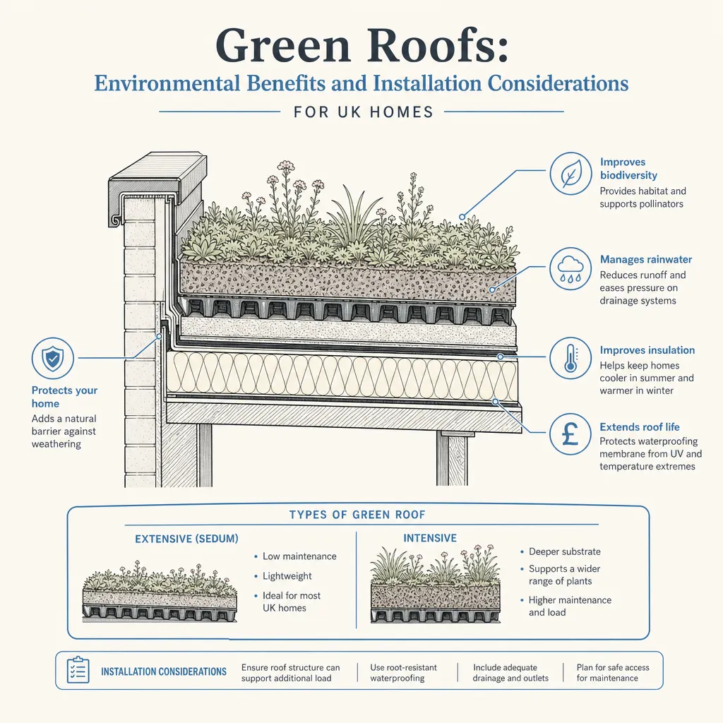 Diagram illustrating: Green Roofs: Environmental Benefits and Installation Considerations