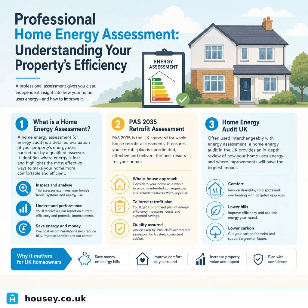Infographic illustrating: Professional Home Energy Assessment: Understanding Your Property's Efficiency