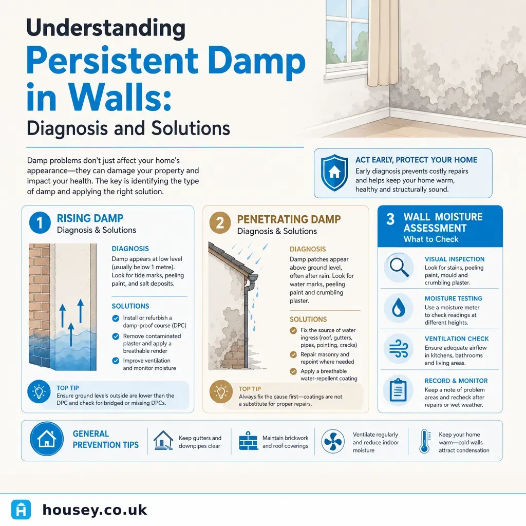 Infographic illustrating: Understanding Persistent Damp in Walls: Diagnosis and Solutions