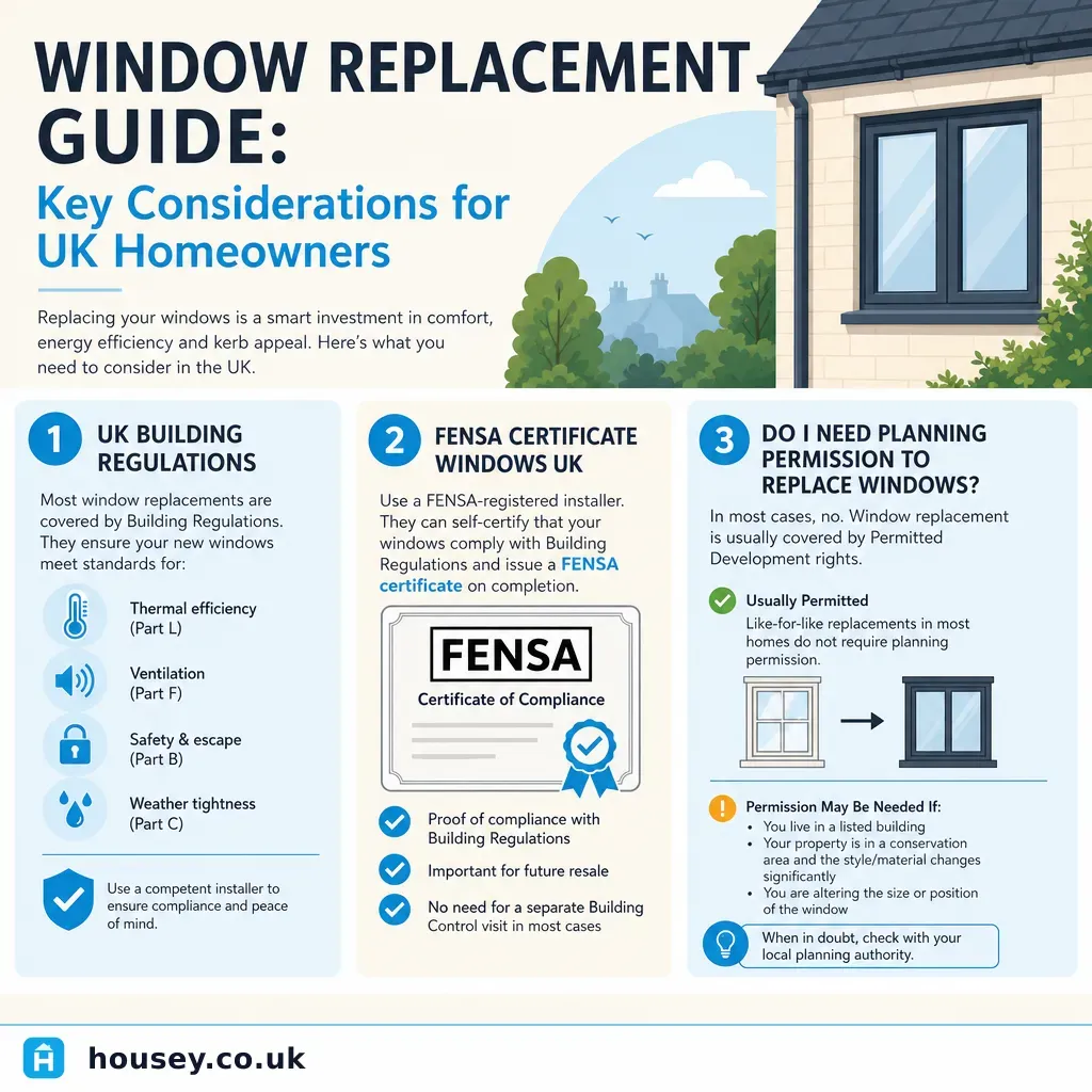 Infographic illustrating: Window Replacement Guide: Key Considerations for UK Homeowners