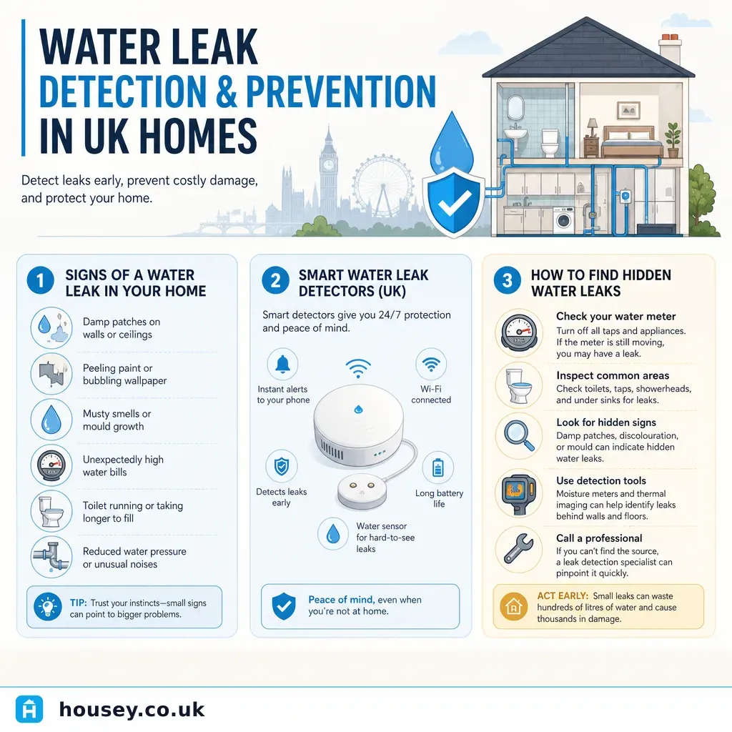 Infographic illustrating: Water Leak Detection and Prevention in UK Homes