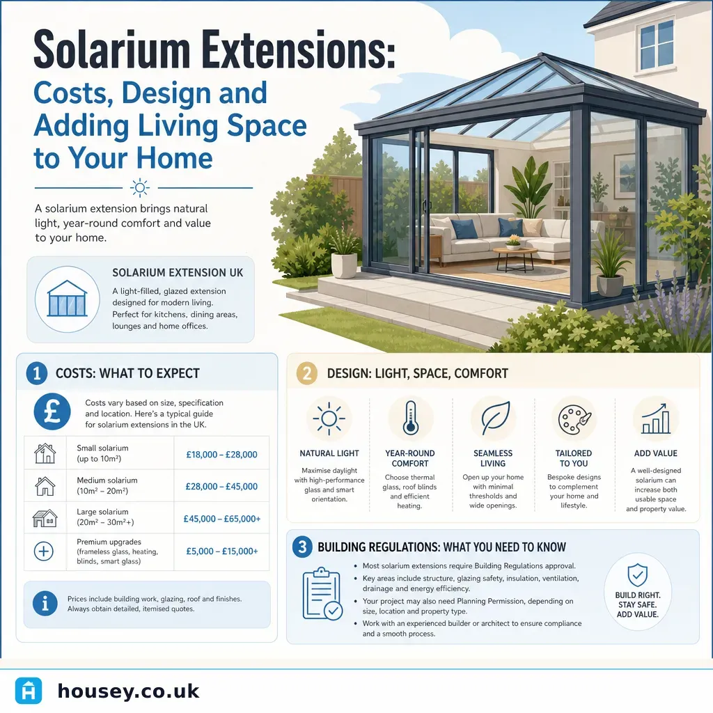 Infographic illustrating: Solarium extensions: costs, design and adding living space to your home