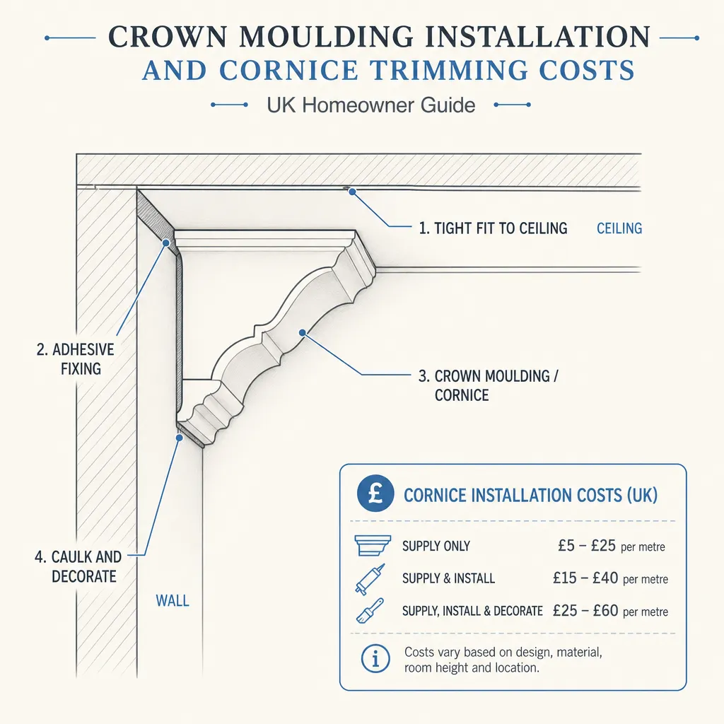 Diagram illustrating: Crown Moulding Installation and Cornice Trimming Costs