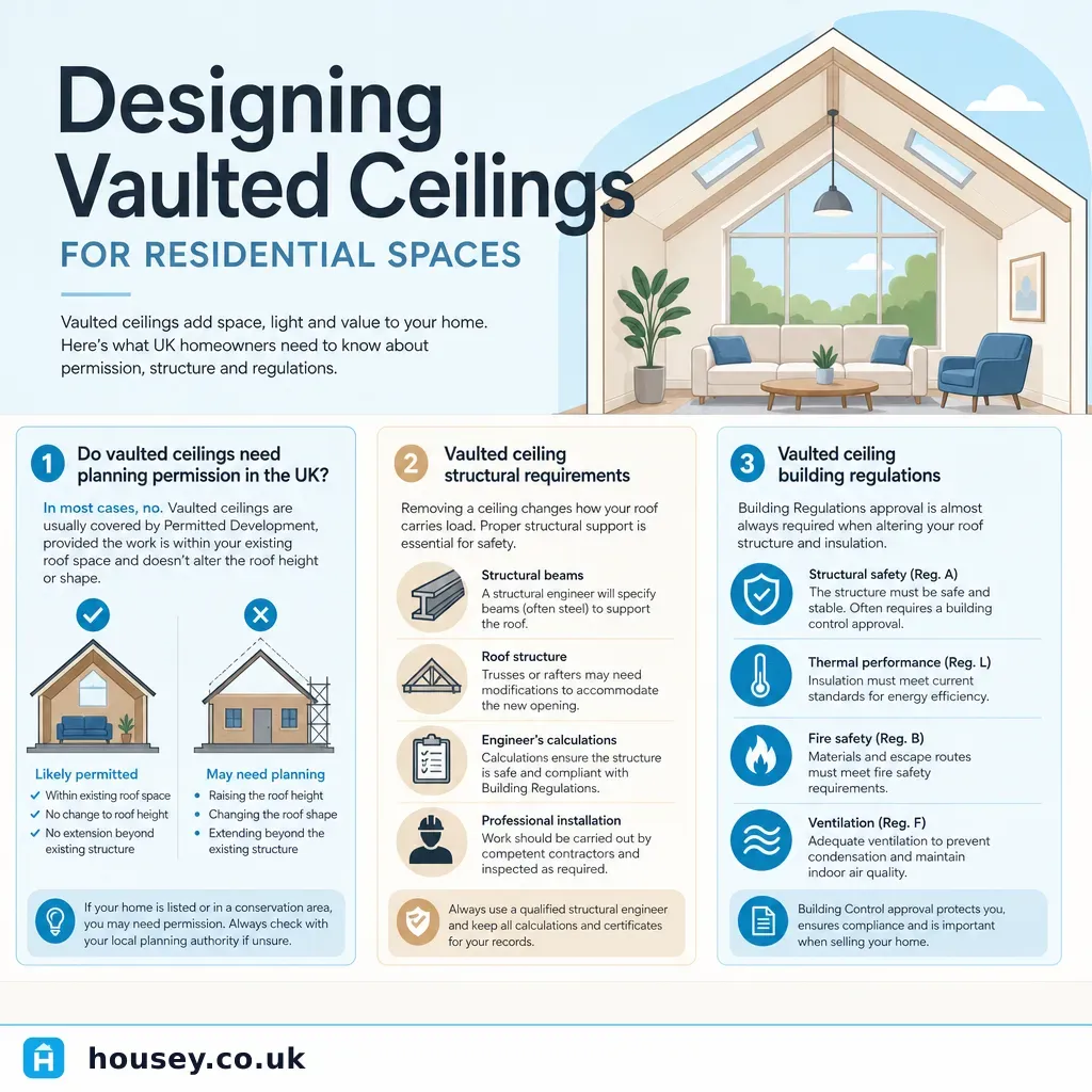 Infographic illustrating: Designing vaulted ceilings for residential spaces