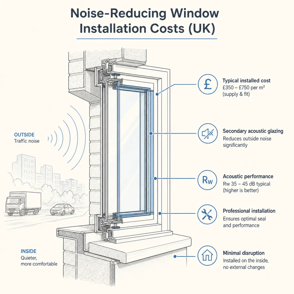 Diagram illustrating: Noise-Reducing Window Installation Costs