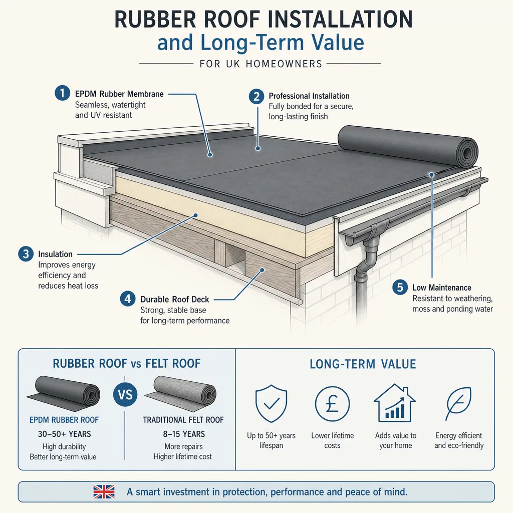 Diagram illustrating: Rubber Roof Installation and Long-Term Value