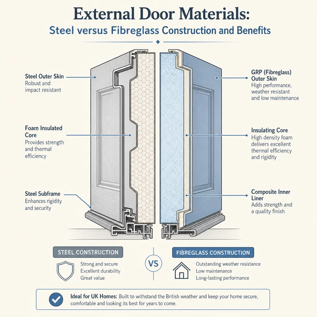 Diagram illustrating: External Door Materials: Steel versus Fibreglass Construction and Benefits