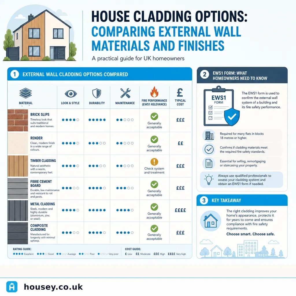 Infographic illustrating: House Cladding Options: Comparing External Wall Materials and Finishes