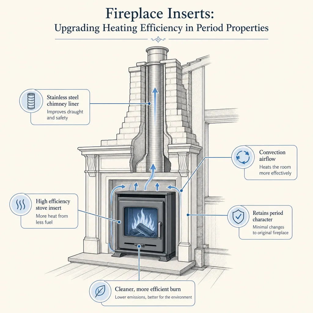 Diagram illustrating: Fireplace Inserts: Upgrading Heating Efficiency in Period Properties