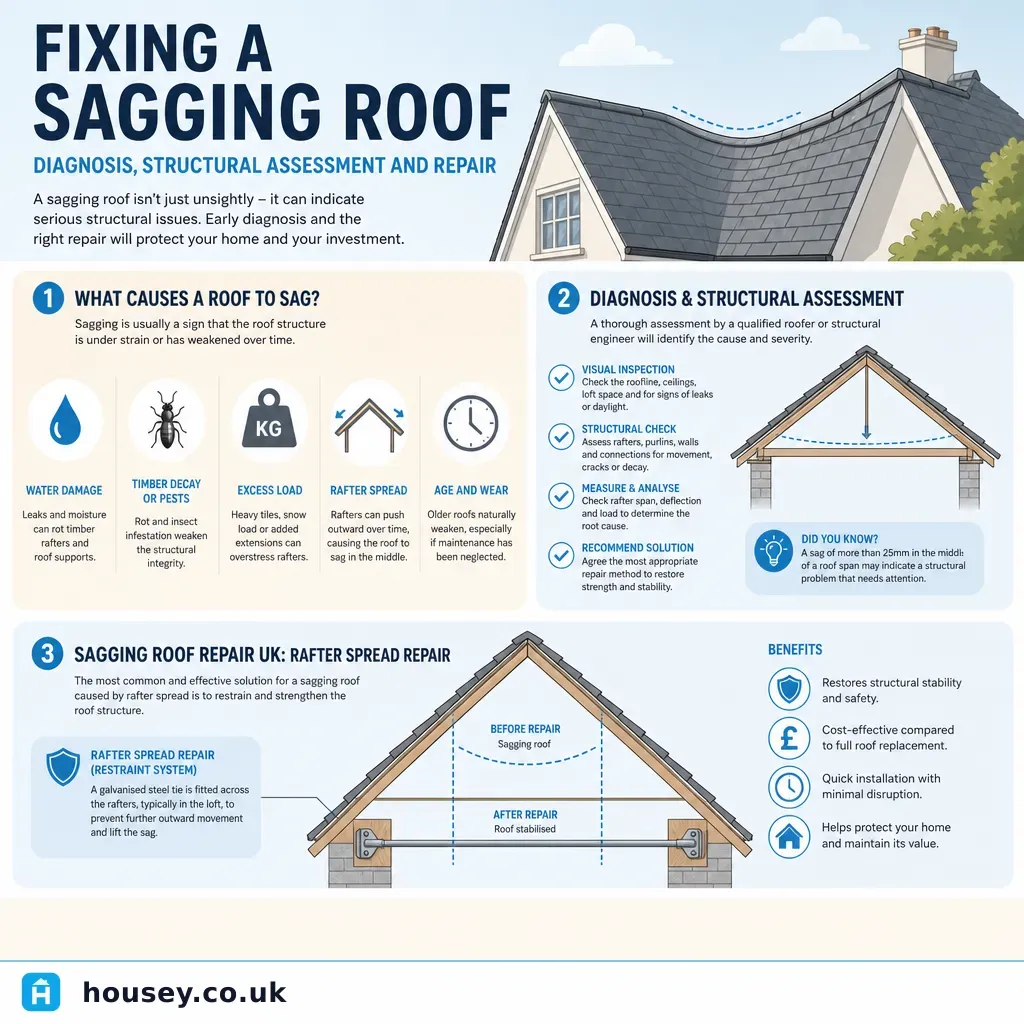 Infographic illustrating: Fixing a Sagging Roof: Diagnosis, Structural Assessment and Repair