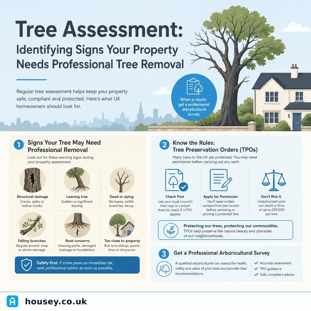 Infographic illustrating: Tree Assessment: Identifying Signs Your Property Needs Professional Tree Removal