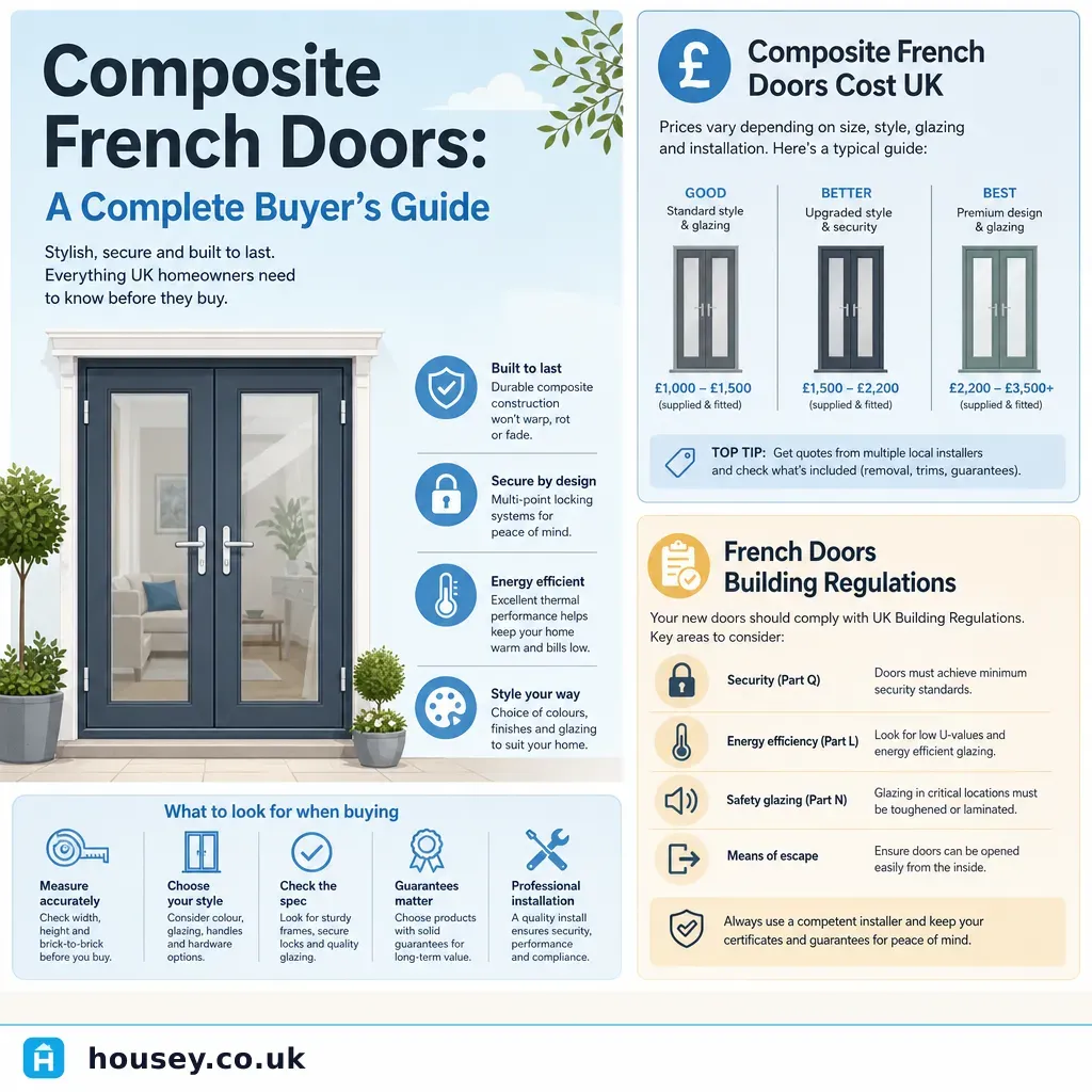 Infographic illustrating: Composite French Doors: A Complete Buyer's Guide