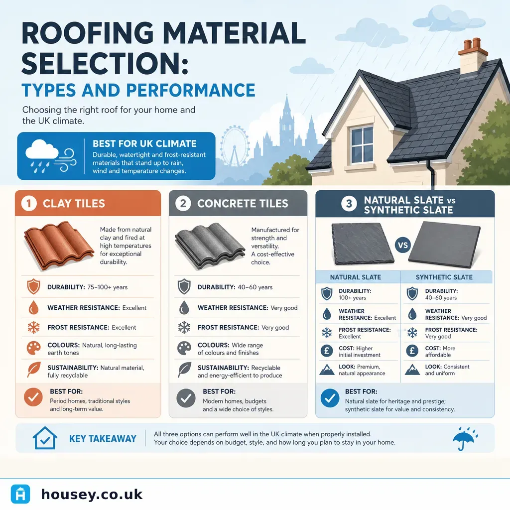Infographic illustrating: Roofing Material Selection: Types and Performance