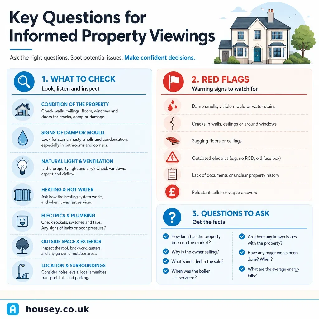 Infographic illustrating: Key Questions for Informed Property Viewings