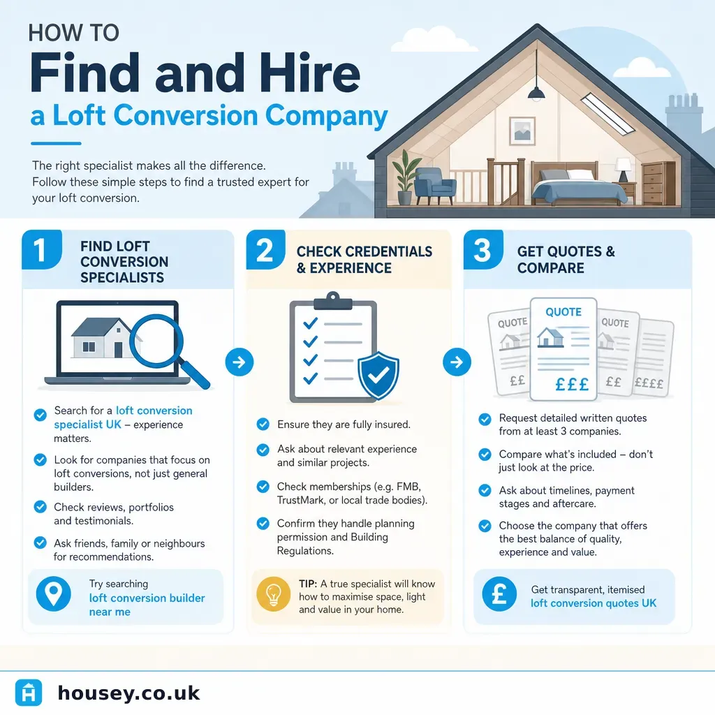 Infographic illustrating: How to Find and Hire a Loft Conversion Company