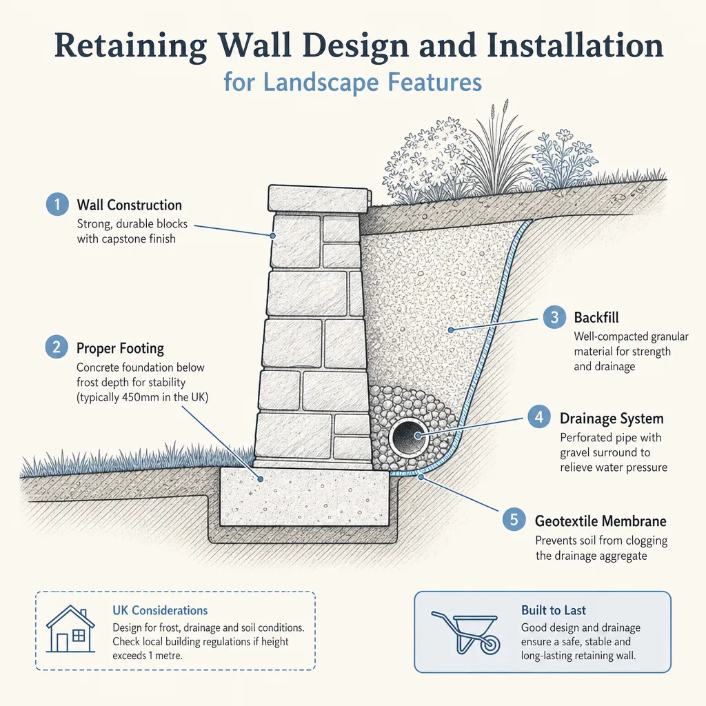Diagram illustrating: Retaining Wall Design and Installation for Landscape Features