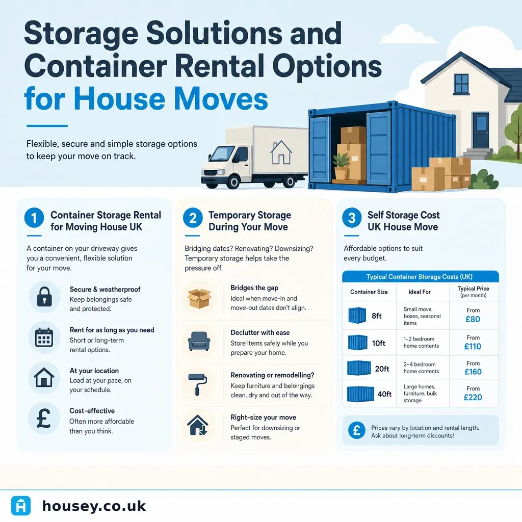 Infographic illustrating: Storage Solutions and Container Rental Options for House Moves