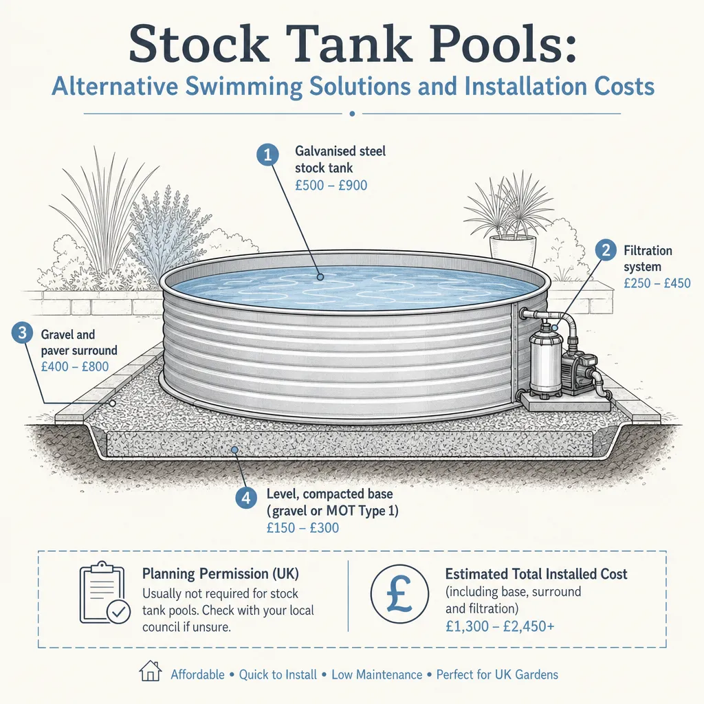 Diagram illustrating: Stock Tank Pools: Alternative Swimming Solutions and Installation Costs