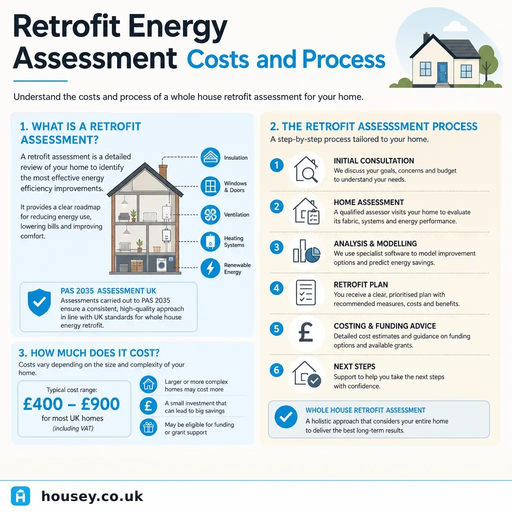 Infographic illustrating: Retrofit Energy Assessment Costs and Process