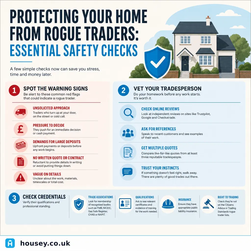 Infographic illustrating: Protecting Your Home from Rogue Traders: Essential Safety Checks
