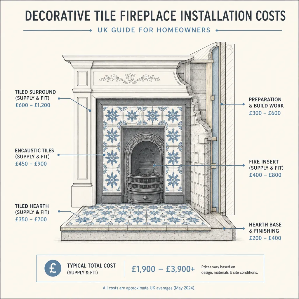 Diagram illustrating: Decorative Tile Fireplace Installation Costs