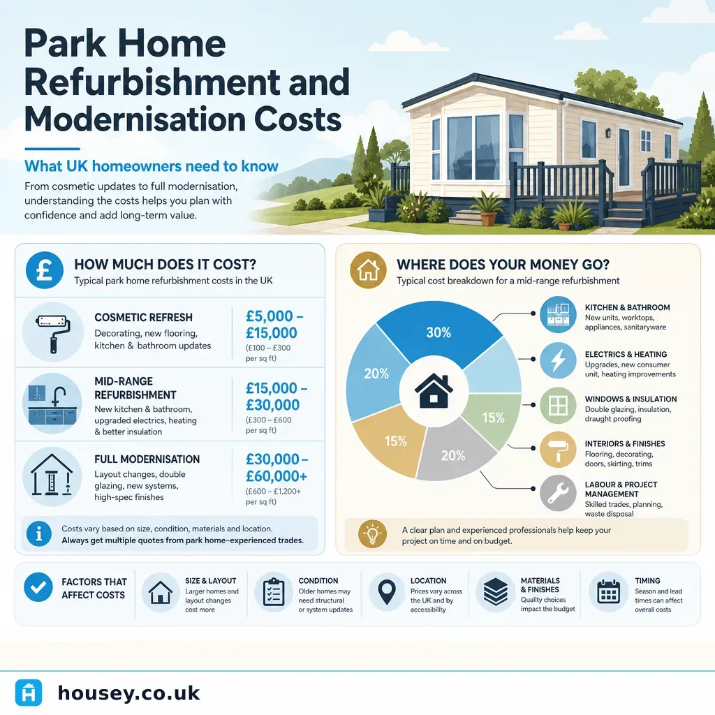 Infographic illustrating: Park Home Refurbishment and Modernisation Costs