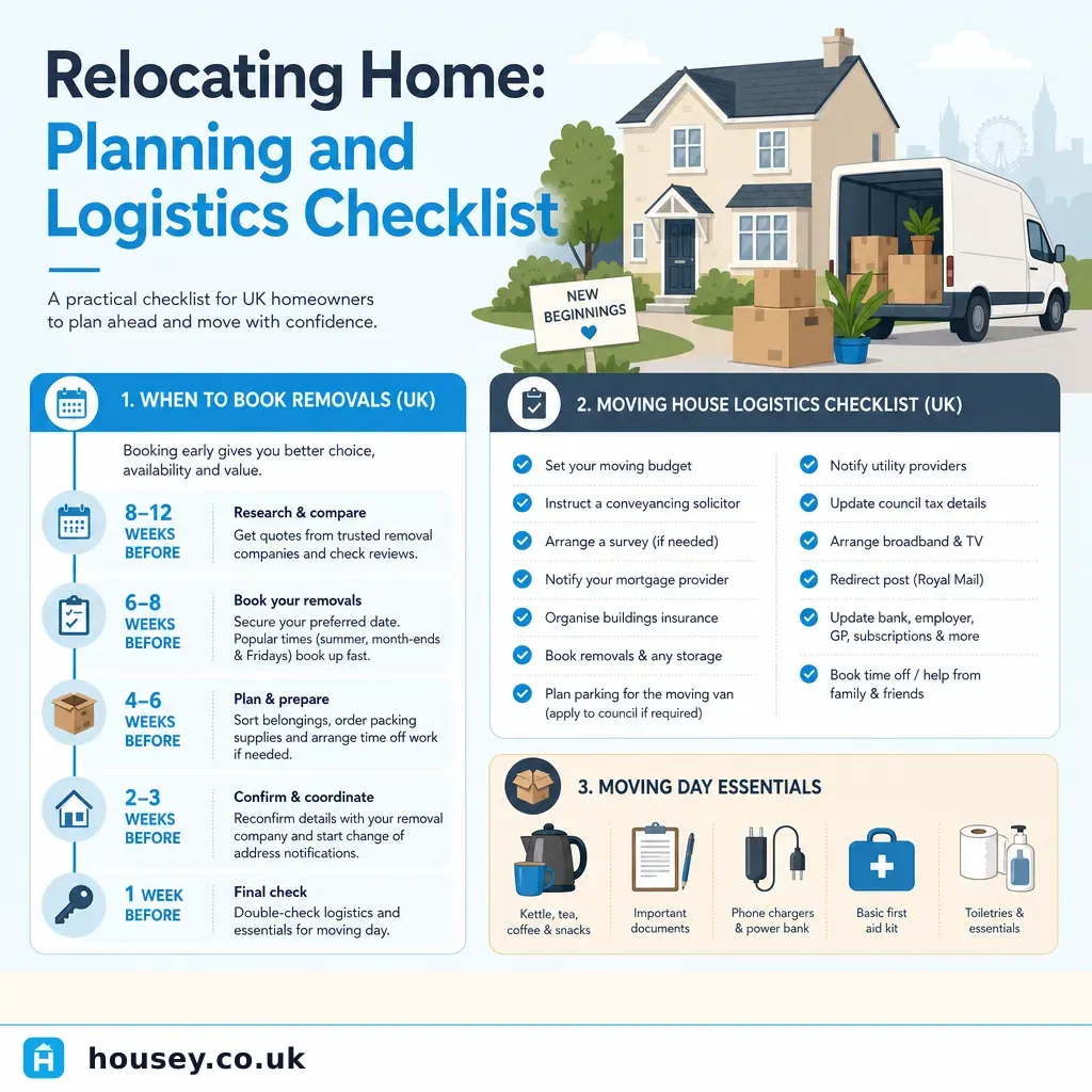 Infographic illustrating: Relocating Home: Planning and Logistics Checklist