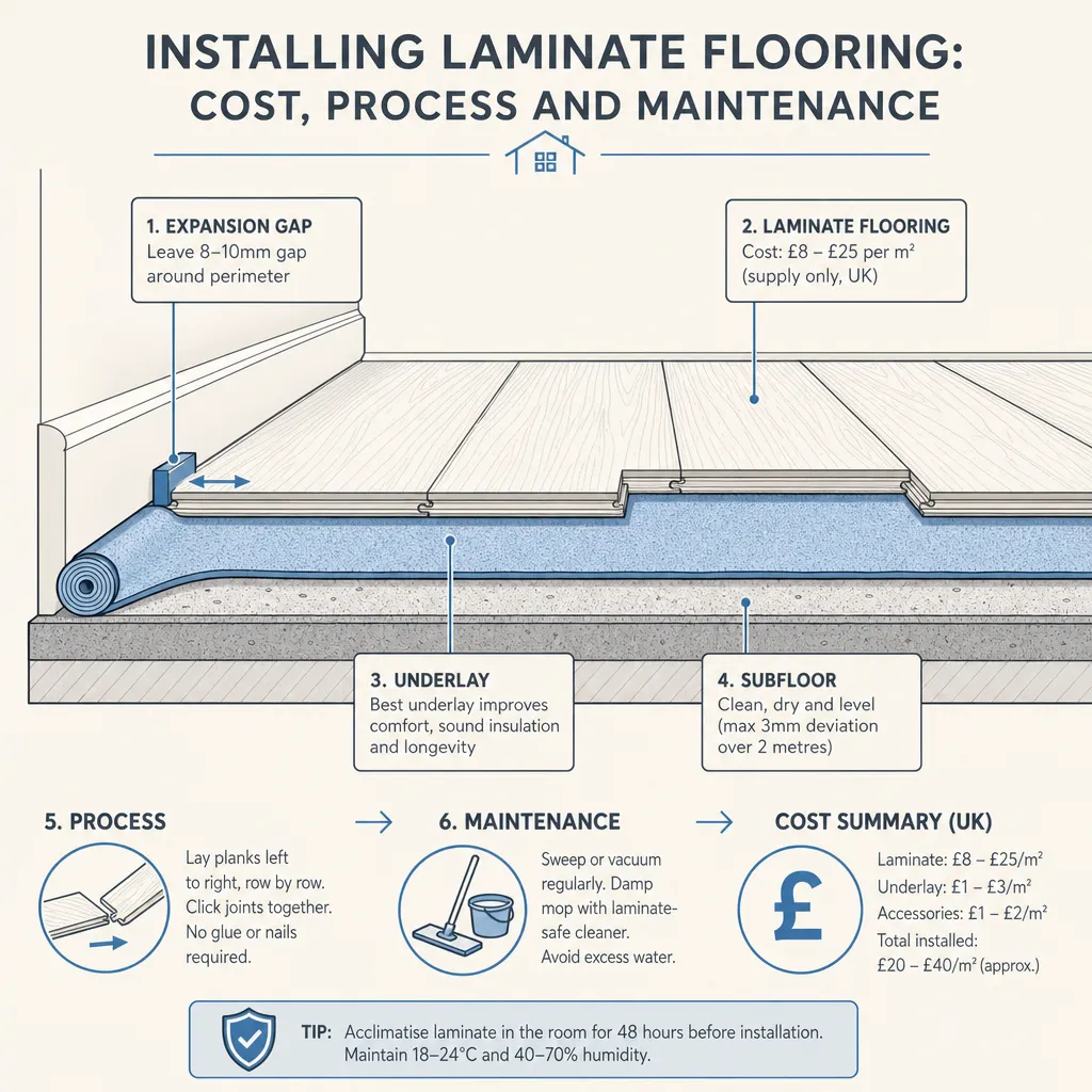 Diagram illustrating: Installing Laminate Flooring: Cost, Process and Maintenance
