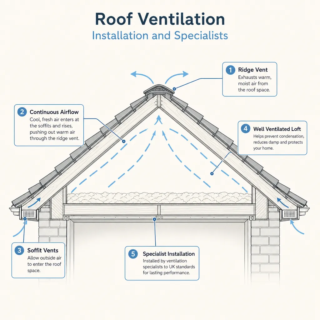 Diagram illustrating: Roof Ventilation Installation and Specialists