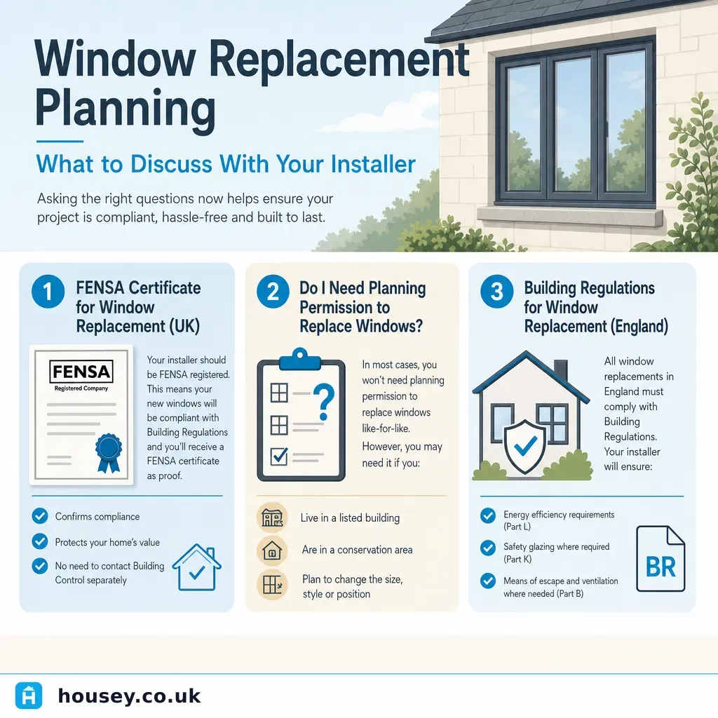 Infographic illustrating: Window Replacement Planning: What to Discuss With Your Installer
