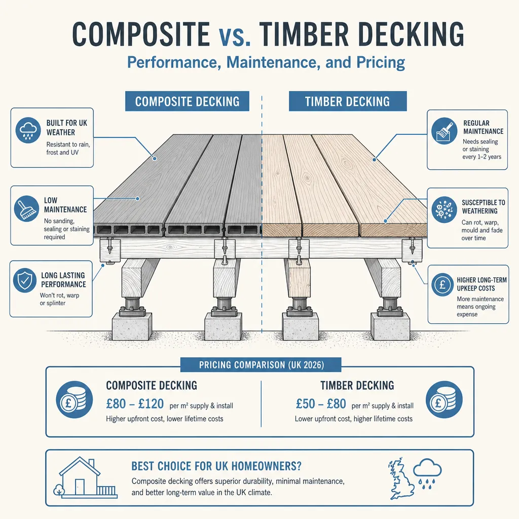 Diagram illustrating: Composite vs. Timber Decking: Performance, Maintenance, and Pricing