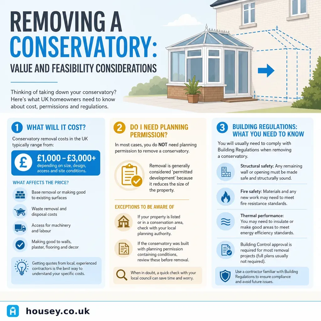 Infographic illustrating: Removing a Conservatory: Value and Feasibility Considerations