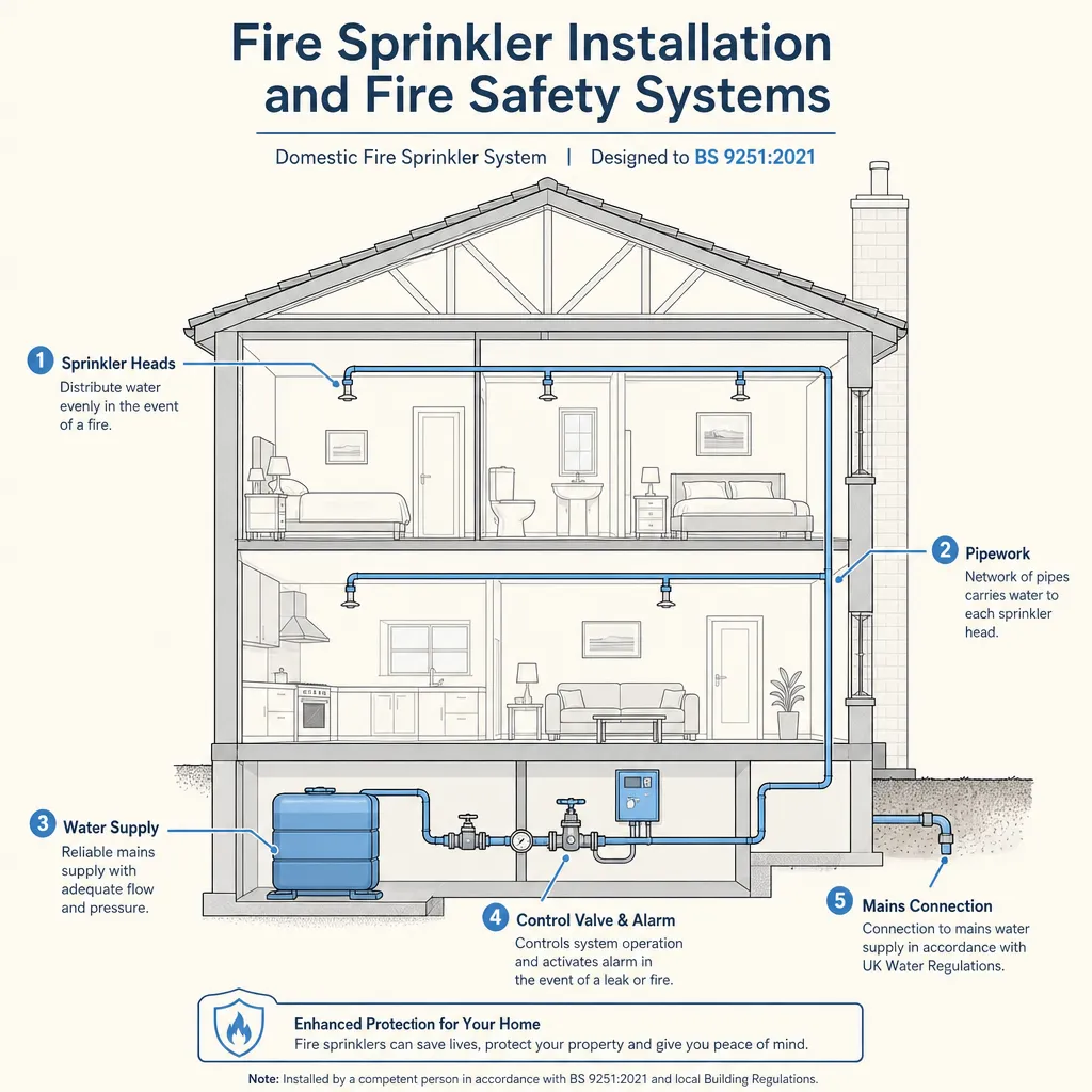 Diagram illustrating: Fire Sprinkler Installation and Fire Safety Systems