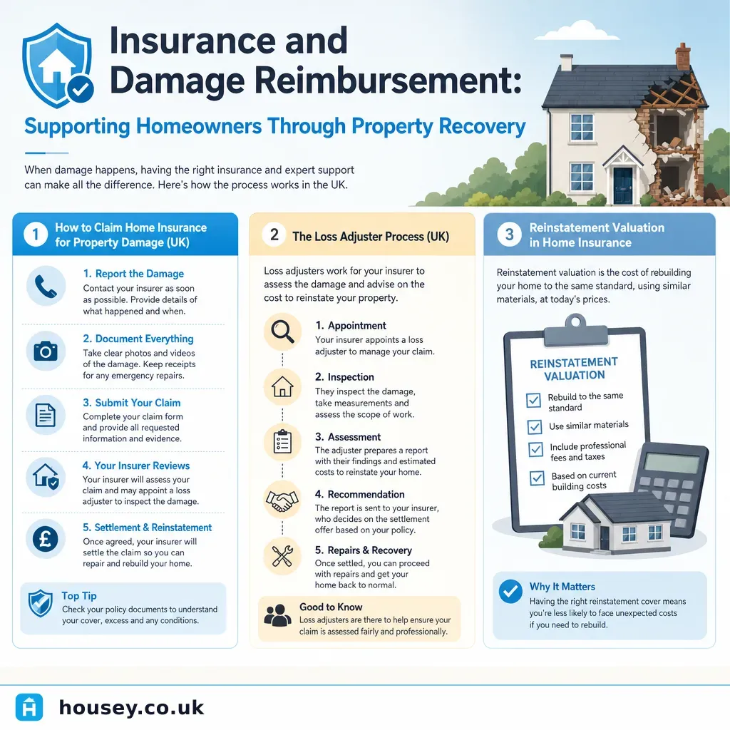 Infographic illustrating: Insurance and Damage Reimbursement: Supporting Homeowners Through Property Recovery