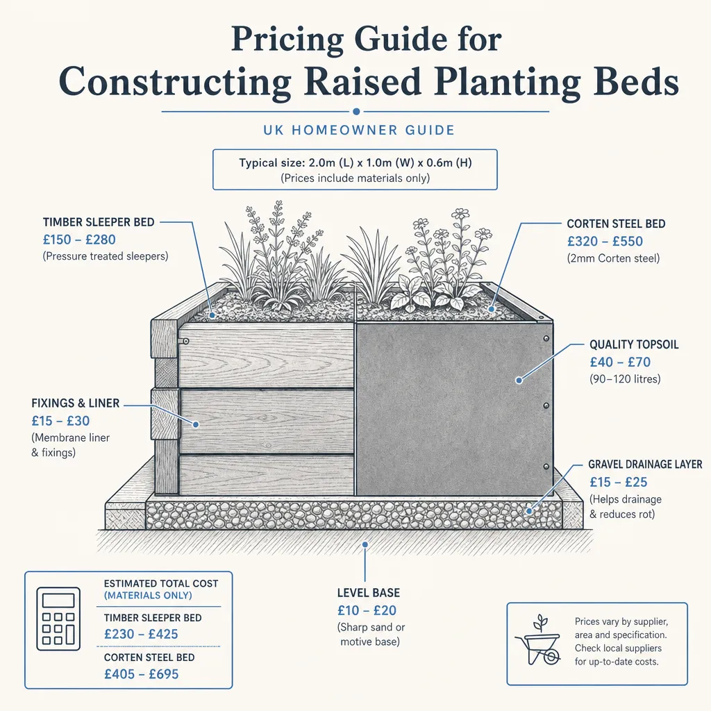 Diagram illustrating: Pricing Guide for Constructing Raised Planting Beds
